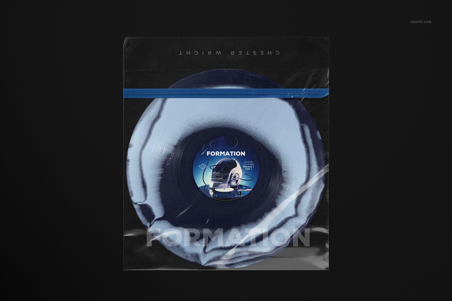 Front view of a vinyl record sleeve mockup featuring a blue and white record with a clear plastic cover on a dark background.