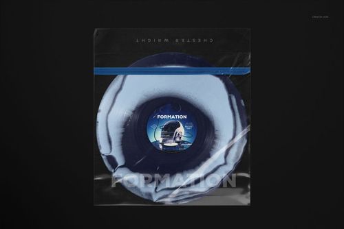 Front view of a vinyl record sleeve mockup featuring a blue and white record with a clear plastic cover on a dark background.