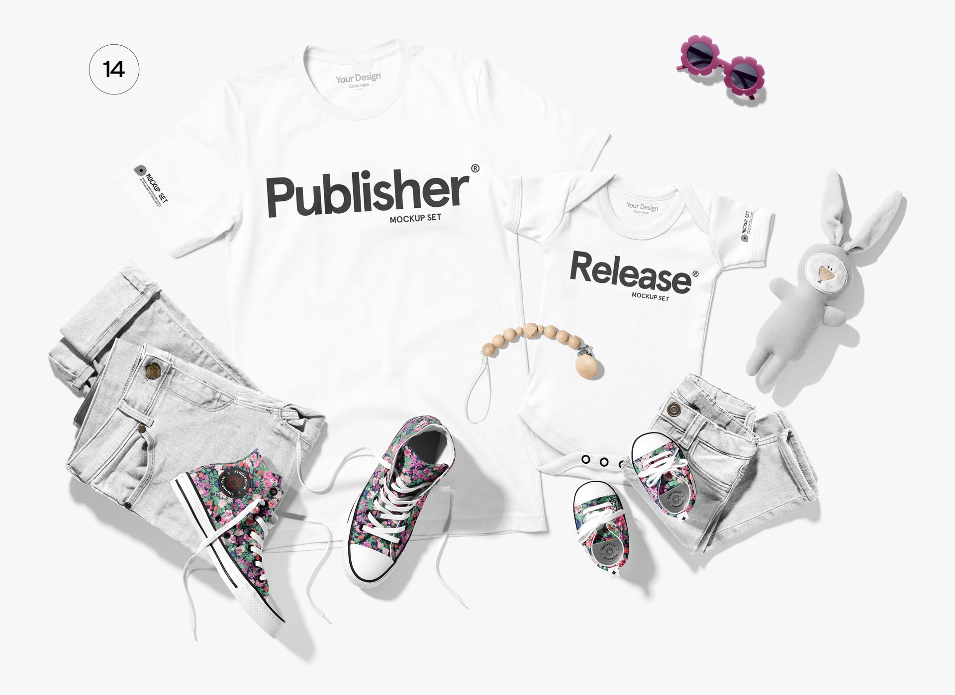 Front view of a family apparel mockup set featuring adult and child white t-shirts, denim shorts, sneakers, and playful props on a white background.