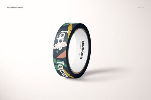 Single roll of paper packing tape featuring abstract multicolor shapes, shown in a realistic PSD mockup scene.
