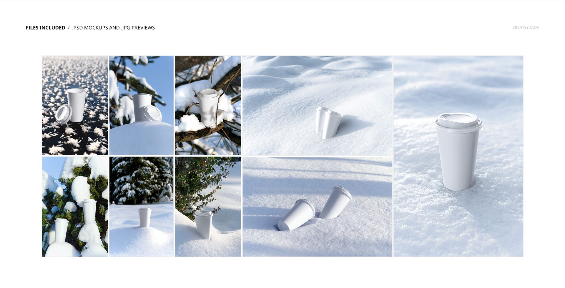 Winter-themed PSD mockup of paper cups with lids and straws placed on snow in different outdoor settings.