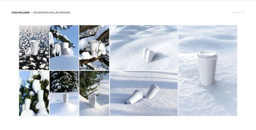 Winter-themed PSD mockup of paper cups with lids and straws placed on snow in different outdoor settings.