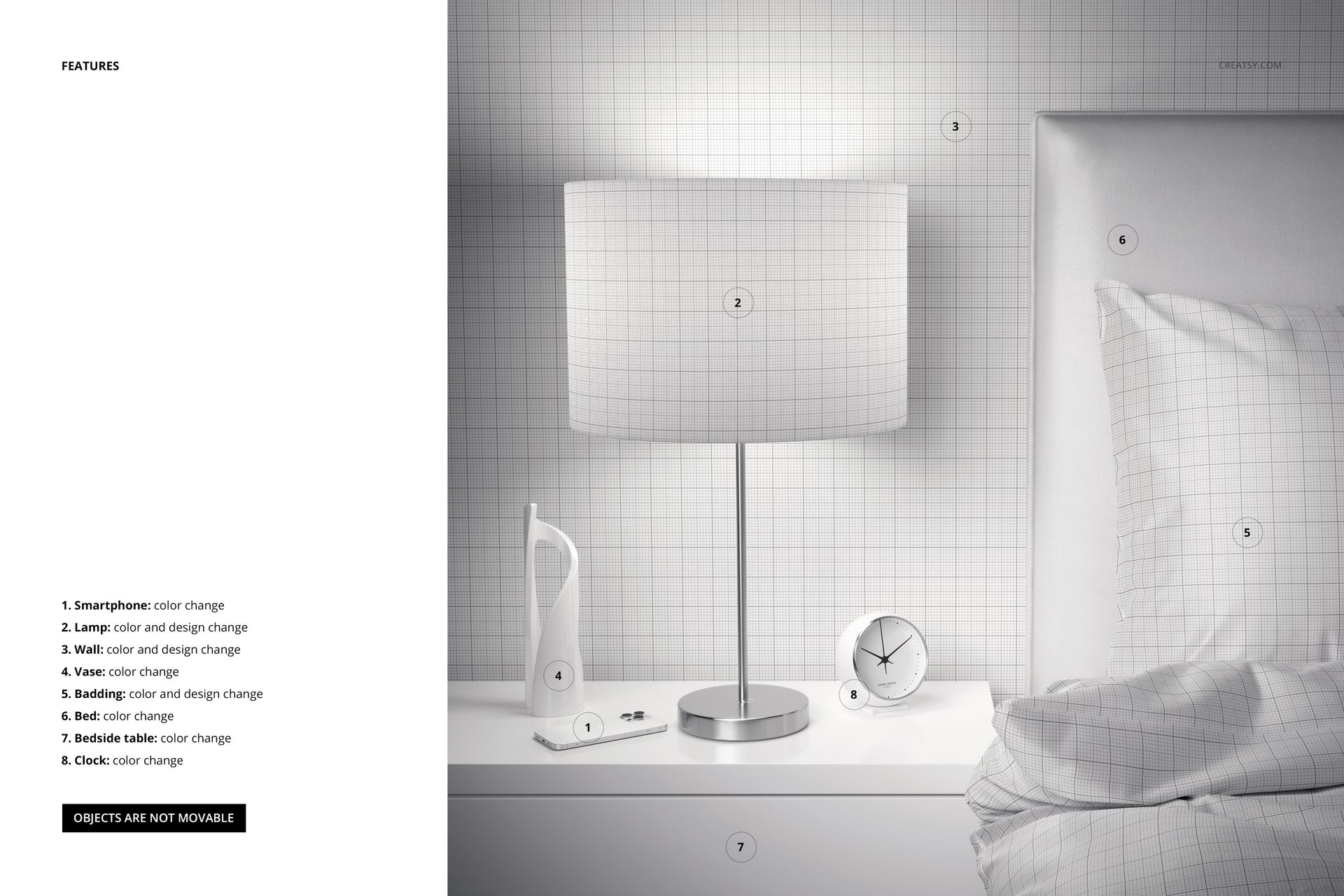 Modern bedroom scene with a bedside table, silver lamp, clock, and patterned wallpaper in a PSD mockup.