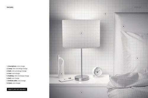 Modern bedroom scene with a bedside table, silver lamp, clock, and patterned wallpaper in a PSD mockup.