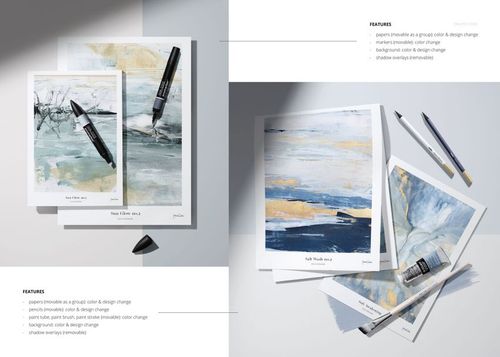 Top view of art paper mockups featuring painted sheets, black marker, pencil, pastel crayons, and paint tubes on a neutral background.