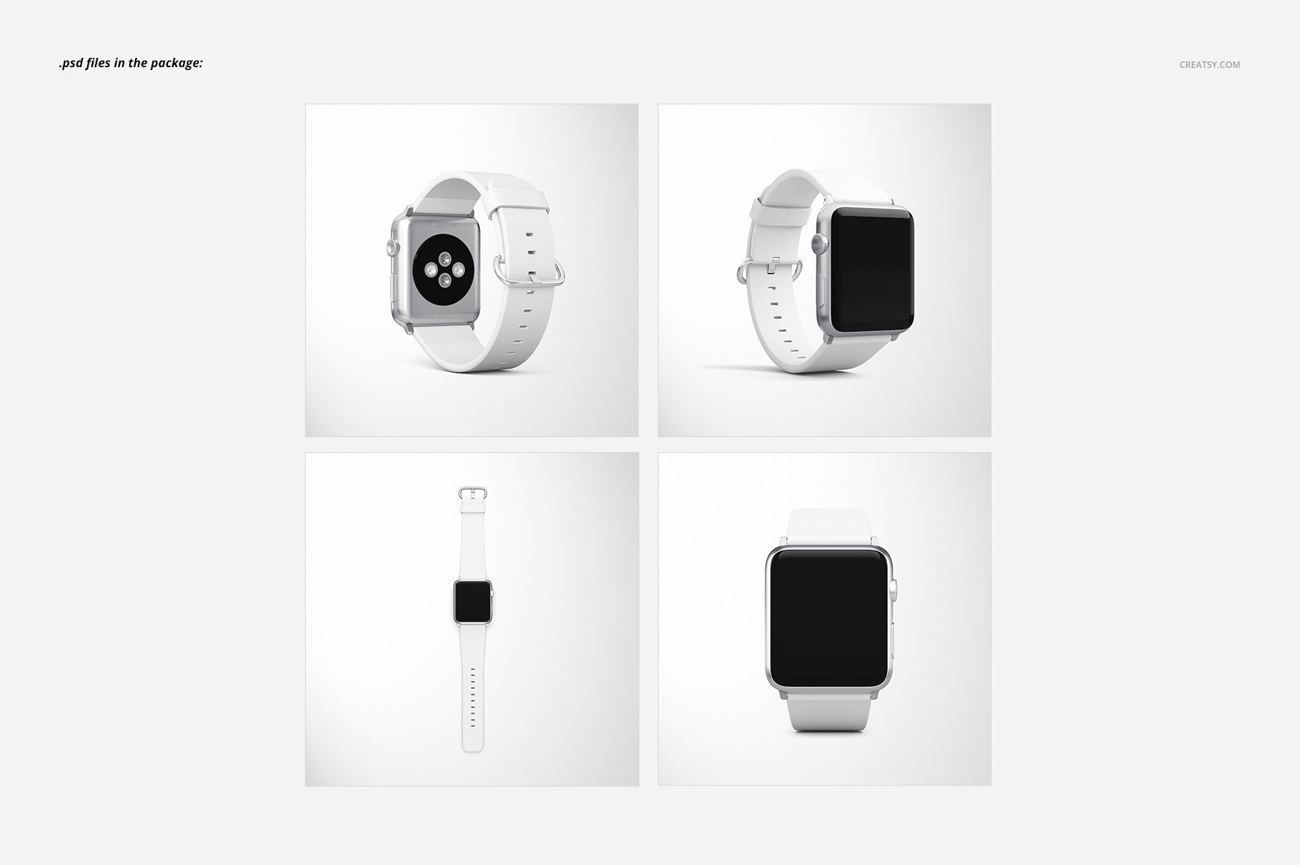 Apple Watch with white leather band shown in four mockup views, including front, back, side, and top perspectives.