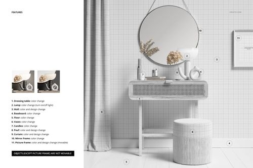 Front view of a modern dressing table mockup with a round mirror, vase, and decorative items in a neutral room.