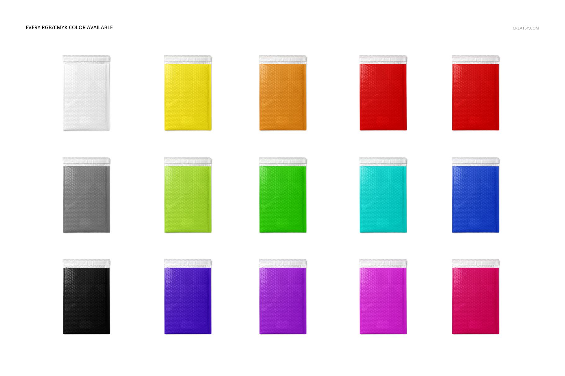 PSD mockup featuring multiple bubble mailers in assorted colors, neatly organized against a plain white backdrop.