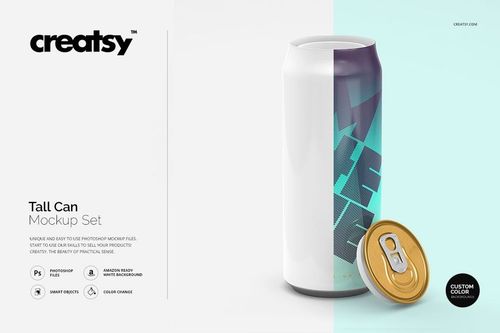Tall can mockup with a white body and geometric blue pattern, shown upright next to a gold pull tab lid on a split background.