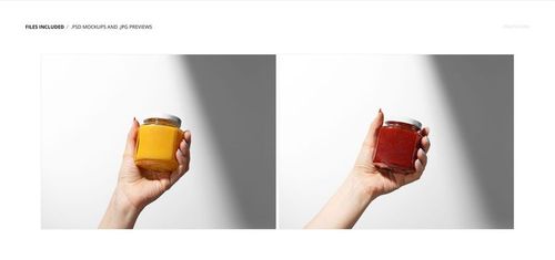 Two mockup images of a hand grasping glass jam jars, one filled with yellow jam and one with red jam, studio lighting.
