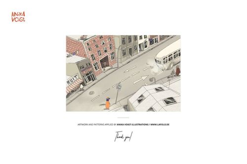 Illustrated kids bedding mockup featuring a city street scene with buildings, a bus, and a person in orange coat.