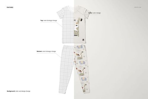 Kids short sleeve pajama set mockup showing a front view, with half in grid pattern and half with animal designs on white fabric.