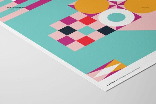 A3 fine art print mockup featuring a geometric abstract design with teal, orange, pink, and white shapes on textured paper.