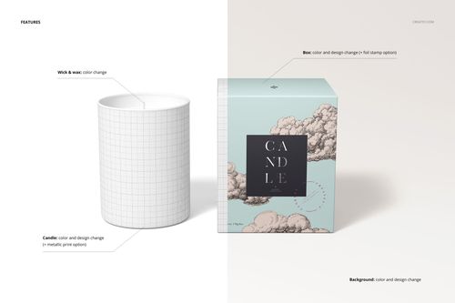 Front view of a cotton wick candle and matching box mockup, featuring a grid pattern on the candle and illustrated clouds on the box.