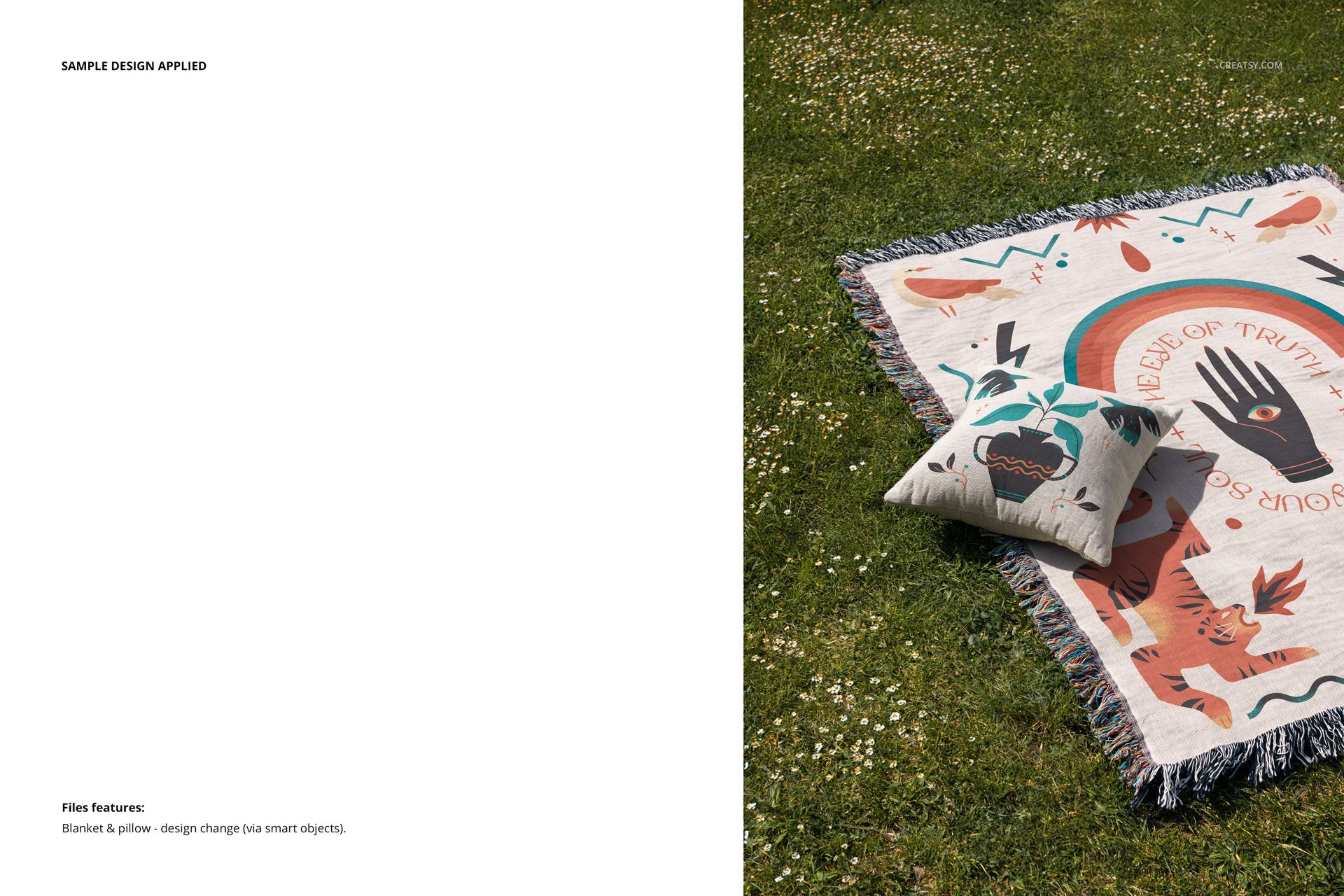 PSD mockup showing a patterned jacquard blanket and pillow arranged together on a sunlit meadow.
