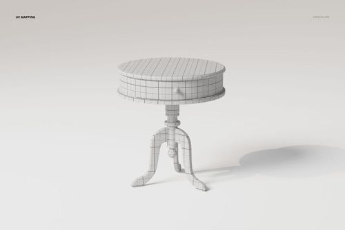 Round vintage style bedside table 3D model in white with visible UV mapping grid, shown from a front angle.