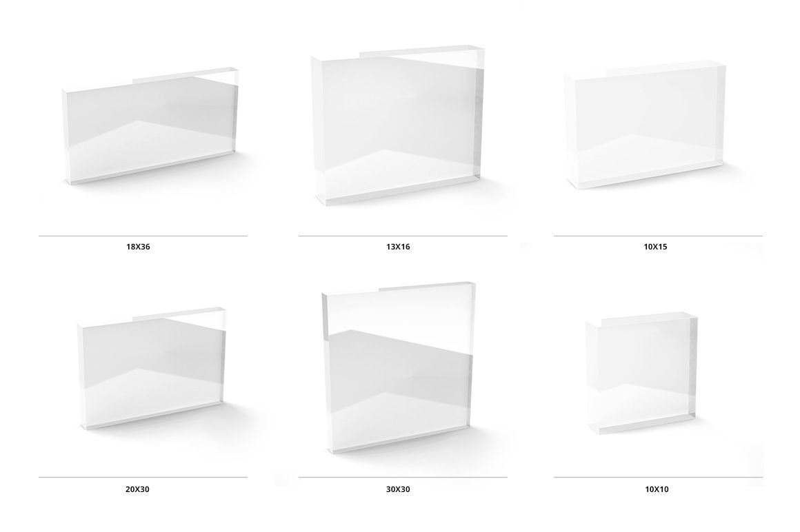 PSD mockup showing multiple acrylic tiles in assorted shapes and sizes, viewed from a front angle against white.