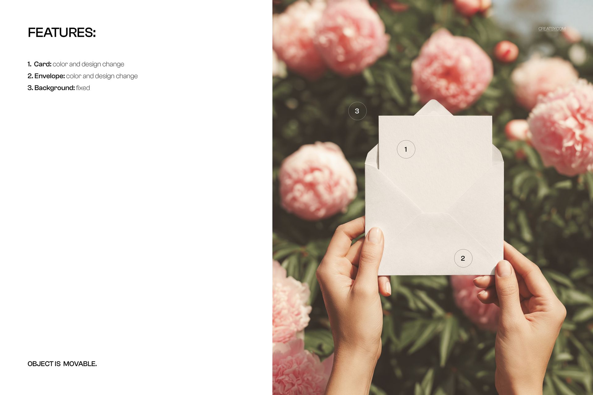 PSD mockup showing hands grasping a plain envelope and card, with vibrant peonies in the background.