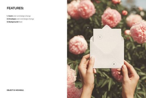 PSD mockup showing hands grasping a plain envelope and card, with vibrant peonies in the background.