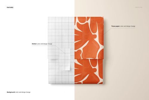 PSD mockup of wrapped tissue paper with a grid-patterned sticker and bold orange design, split by background color.