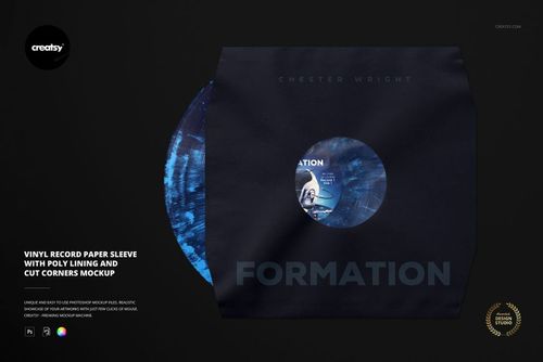 PSD mockup of a vinyl record in a dark paper sleeve with visible poly lining, set against a plain black backdrop.