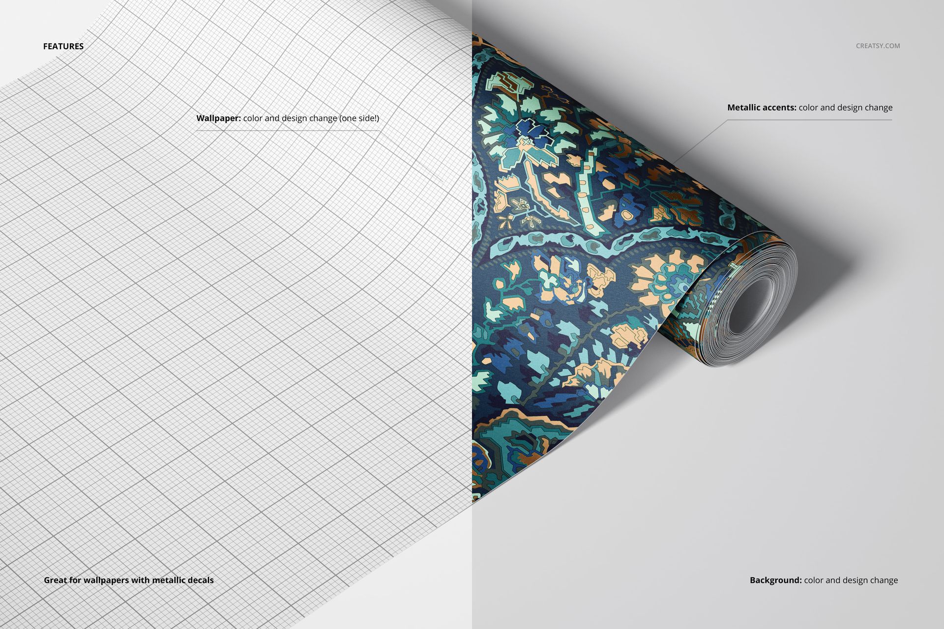 PSD mockup of a rolled wallpaper with intricate blue and gold floral motifs, shown on a split background with grid lines.
