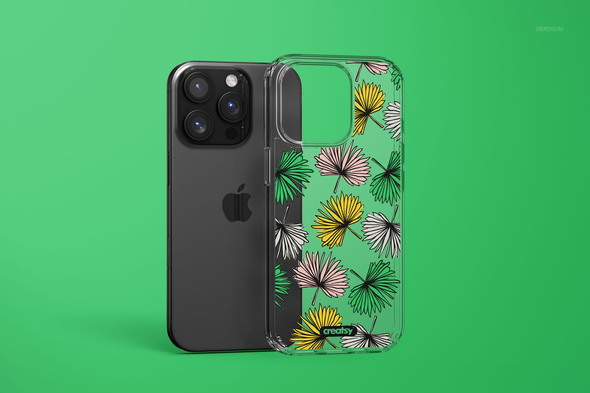 PSD mockup featuring iPhone 16 Pro Max and transparent case with yellow, green, and pink flower designs on green backdrop.