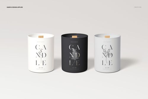 Three wooden wick candle mockups in matte white, black, and gray vessels, arranged side by side on a light surface.