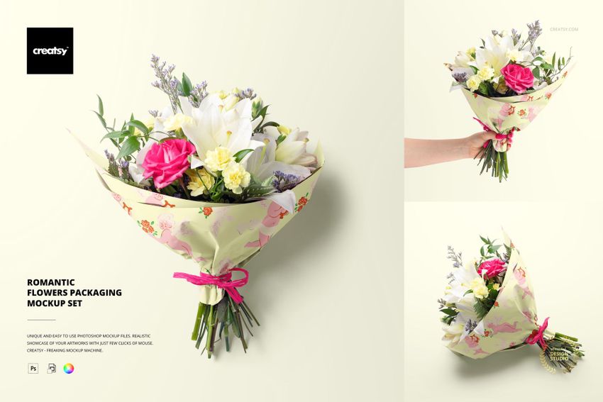 PSD mockup set featuring a flower bouquet in soft-colored packaging with various flowers, presented in multiple angles.