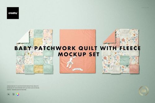 Baby patchwork quilt mockup set showing quilt face, turned-back corner, and reverse side with floral and plain patterns.