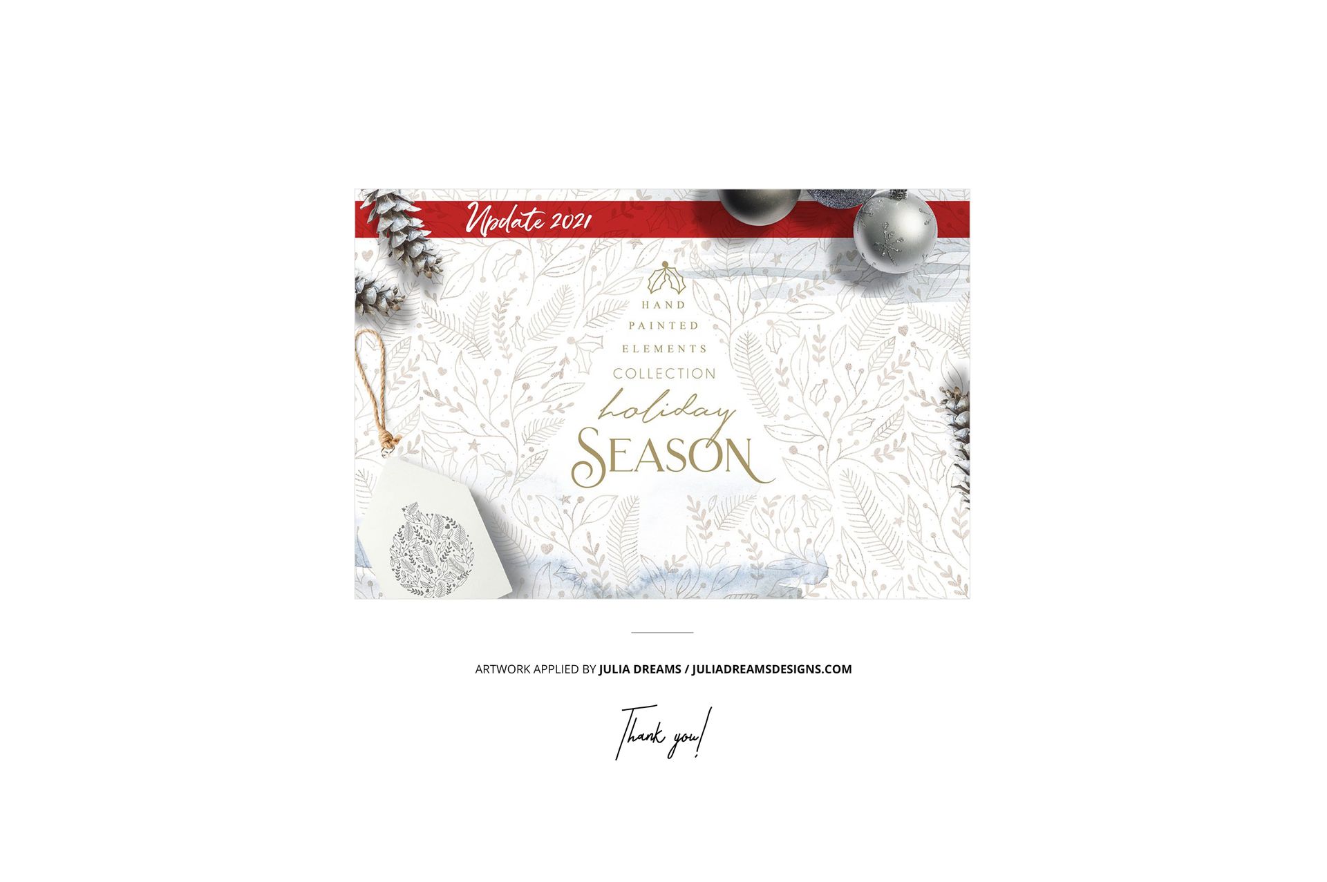 Front view of folded fabric stack mockup featuring a white textile with gold and gray holiday-themed botanical patterns.