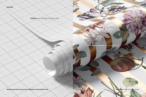 Rolled paper wallpaper mockup featuring a split view of grid pattern on the left and floral metallic design on the right.