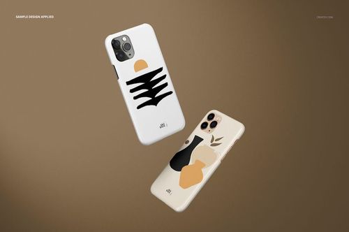iPhone 11 Pro PSD mockup showing two glossy cases with geometric black and orange patterns, displayed in mid-air.
