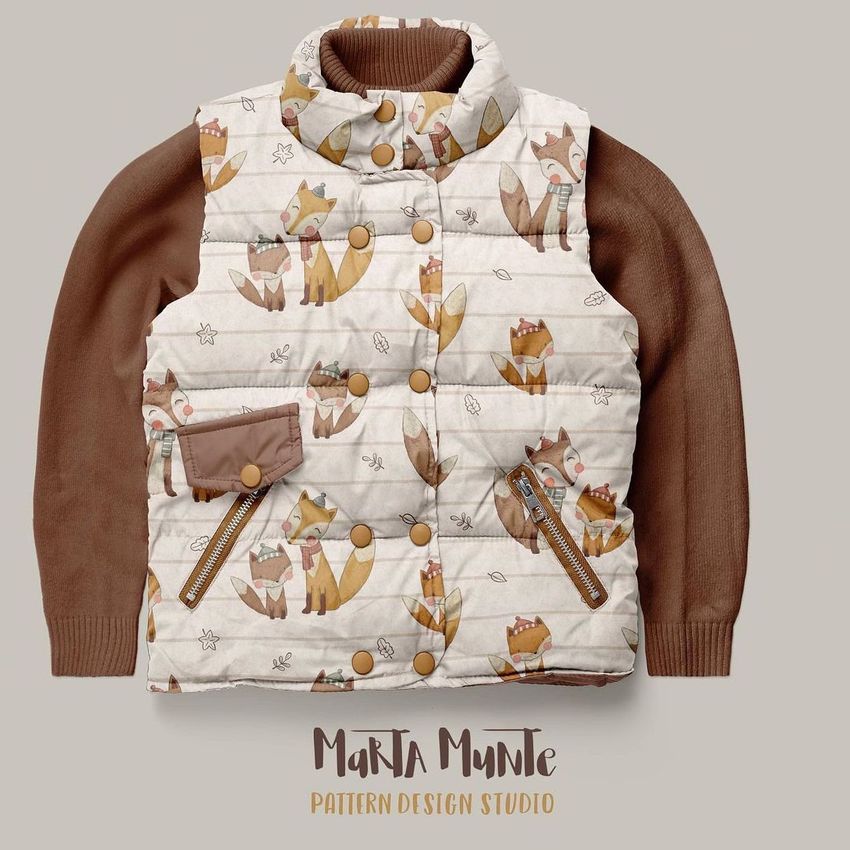 Kids winter set mockup featuring a quilted vest with a playful fox family pattern over a brown long-sleeve shirt on a neutral background.