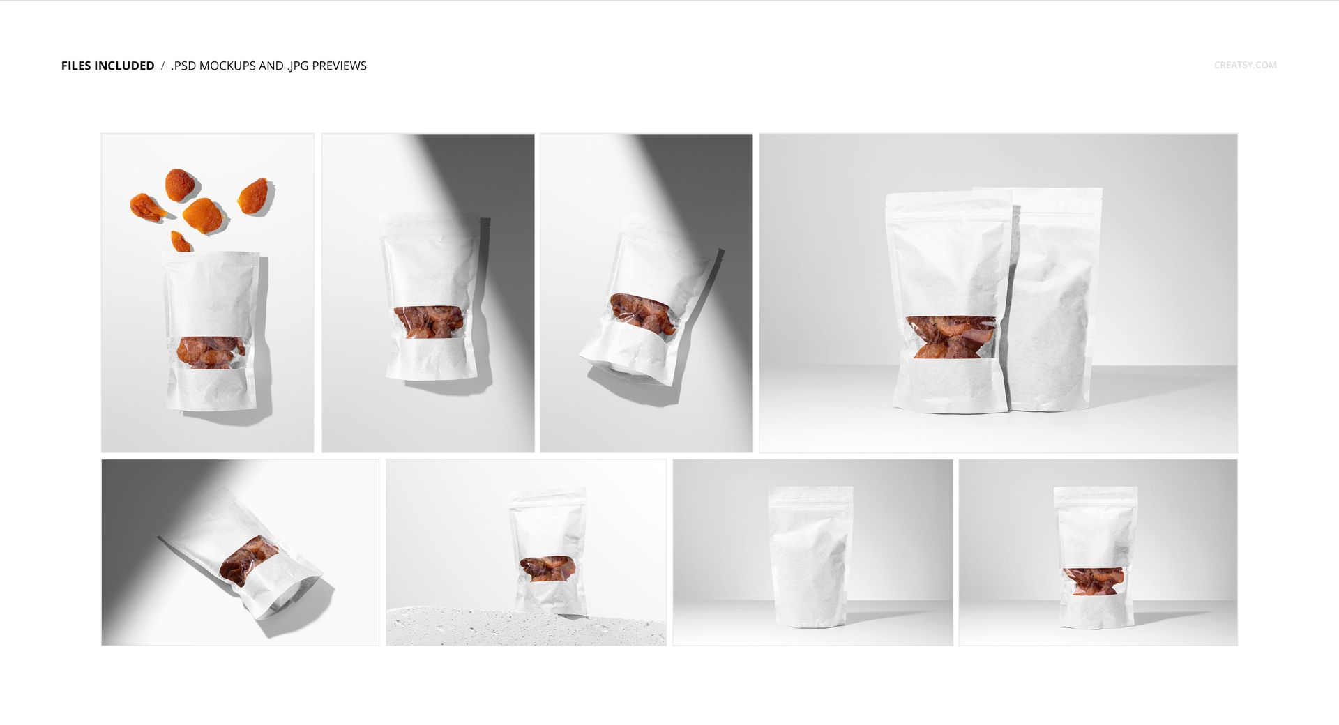 Eight paper pouch mockups featuring dried peaches, some standing upright and others lying flat on a white surface.