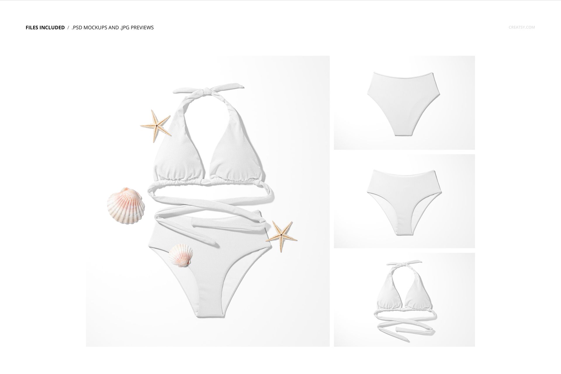 White high-waisted bikini mockup set displayed on a clean background, with shells and starfish as decorative props.