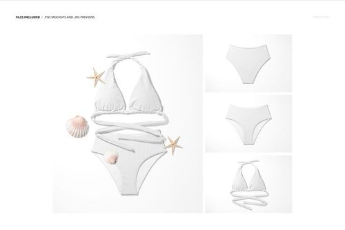 White high-waisted bikini mockup set displayed on a clean background, with shells and starfish as decorative props.