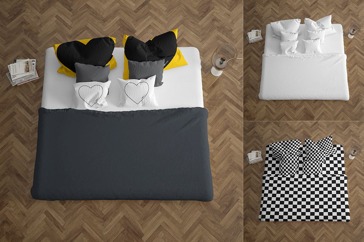 Bedroom mockup set showing a bed with black, white, and yellow pillows, gray quilt, and parquet flooring from above.