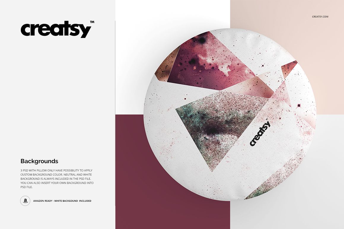 Round pillow mockup with a modern abstract design in muted burgundy and pink tones, displayed against a split background.