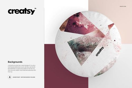 Round pillow mockup with a modern abstract design in muted burgundy and pink tones, displayed against a split background.