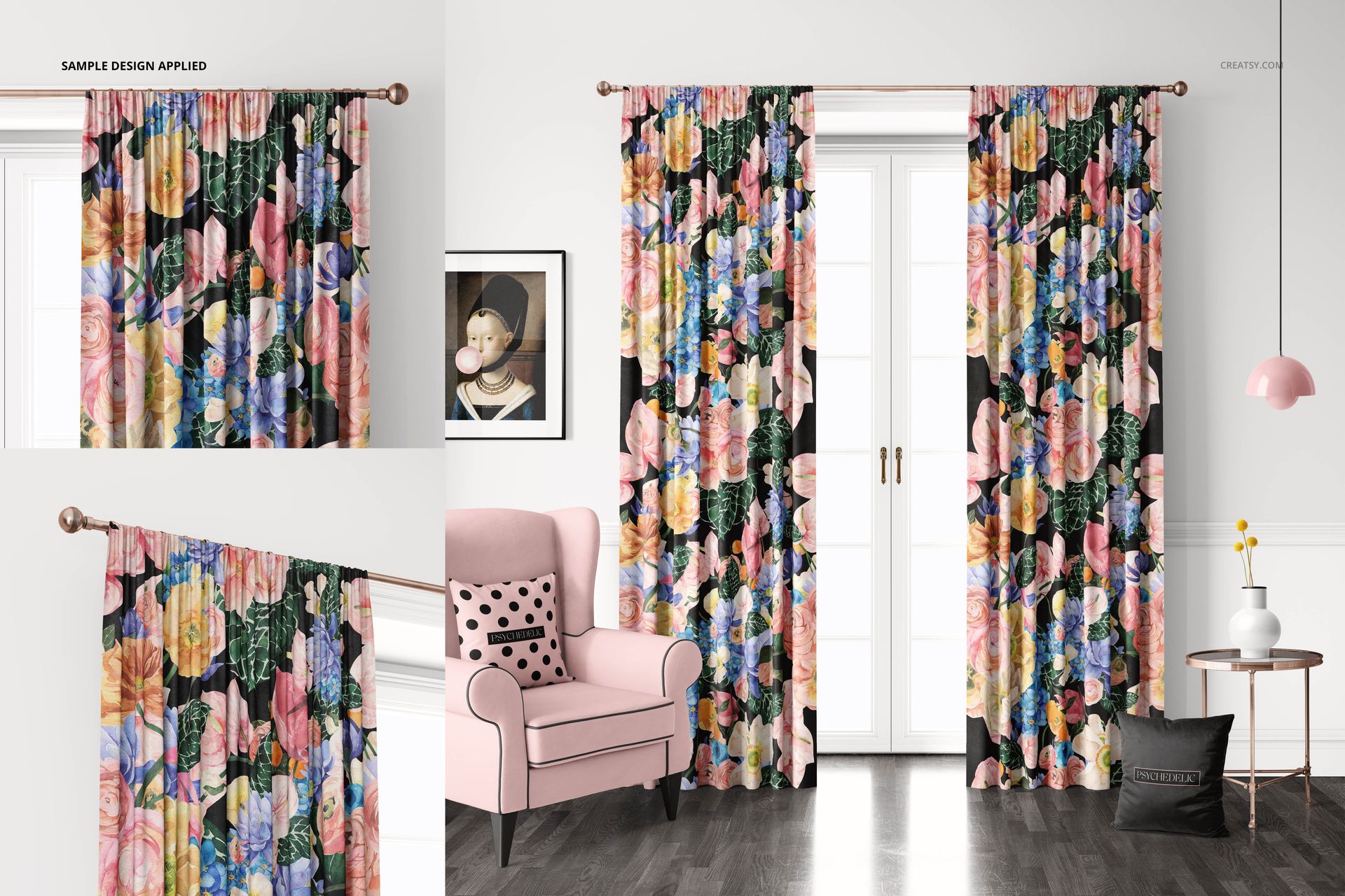 Velvet pencil pleat curtains mockup featuring vibrant multicolored floral designs, shown in a modern interior space.