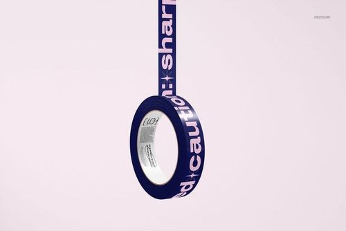 Mockup of a non-transparent narrow duct tape roll, featuring bold text and a star pattern on a pale backdrop.