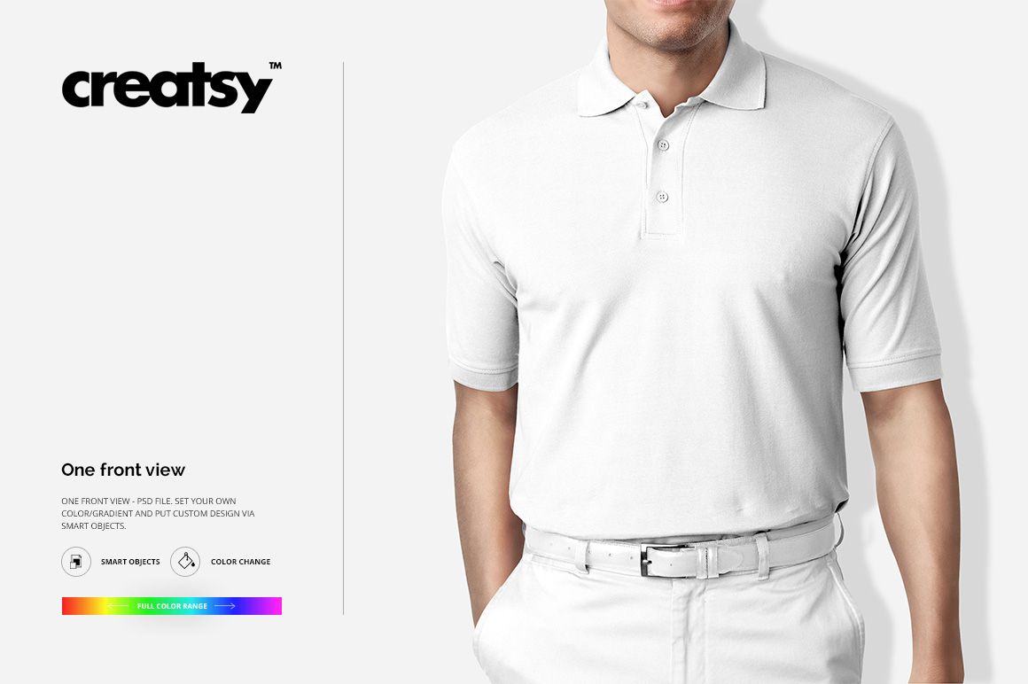 Front view of a plain white polo shirt mockup worn by a male model, set against a light background.