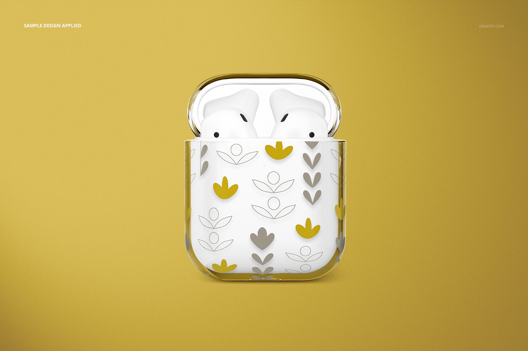 AirPods clear case mockup with stylized floral motifs in yellow and gray, displayed upright on a plain yellow surface.