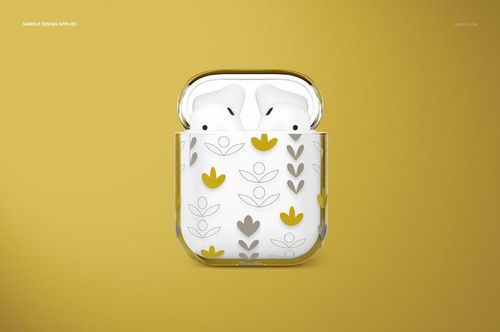AirPods clear case mockup with stylized floral motifs in yellow and gray, displayed upright on a plain yellow surface.