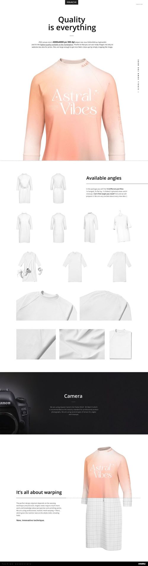 Front view of a long-sleeve raglan sweatshirt dress mockup with a peach gradient design and white text on chest.