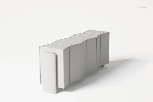 Postmodern style sideboard with geometric shapes in light gray, shown from a front angle on a plain white background.