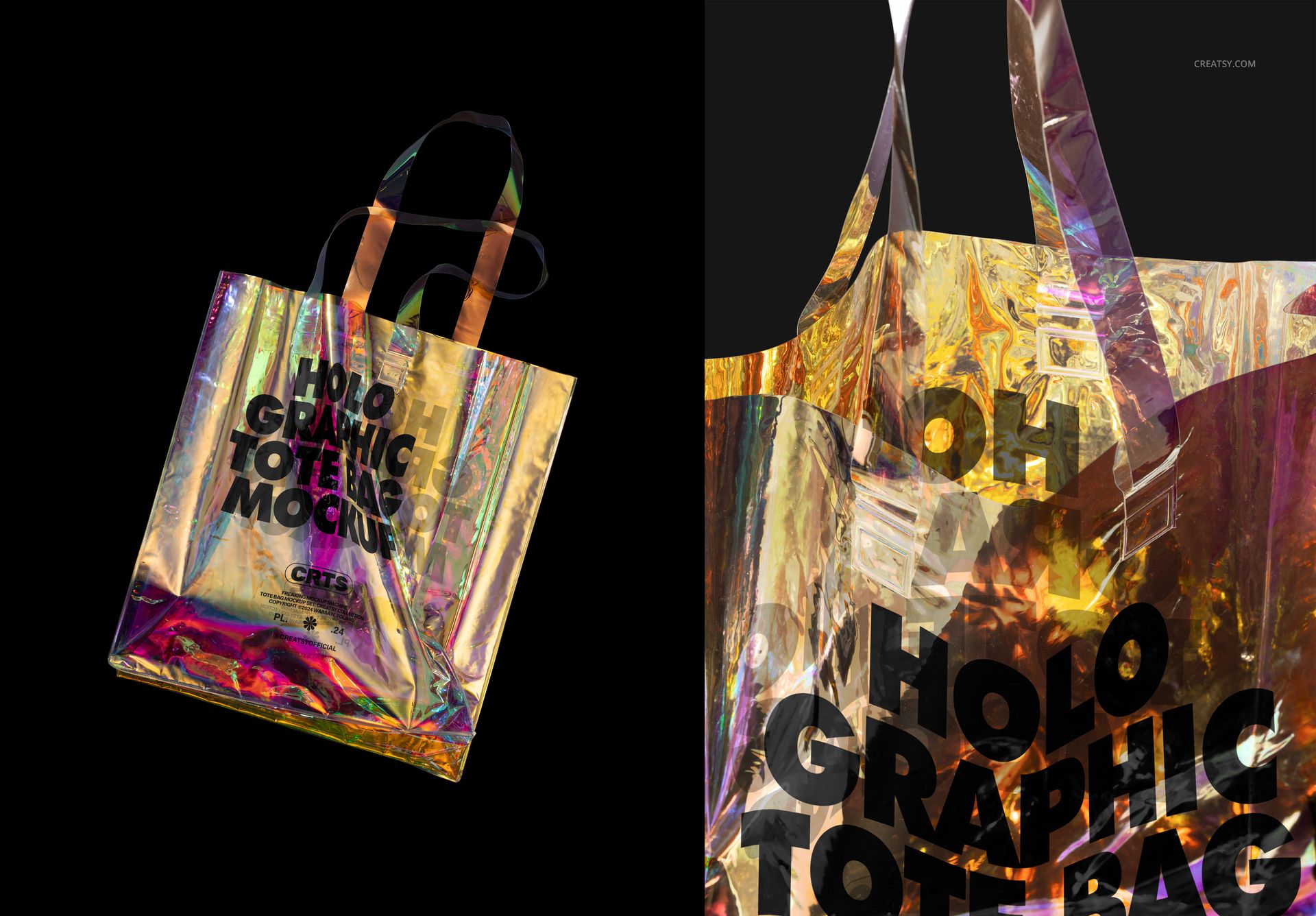 Close-up of a holographic tote bag mockup showing reflective metallic colors and large black lettering against a dark background.