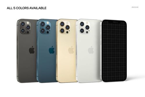 Front and rear views of five iPhone 12 Pro phones in assorted colors arranged side by side, studio lighting, PSD mockup.