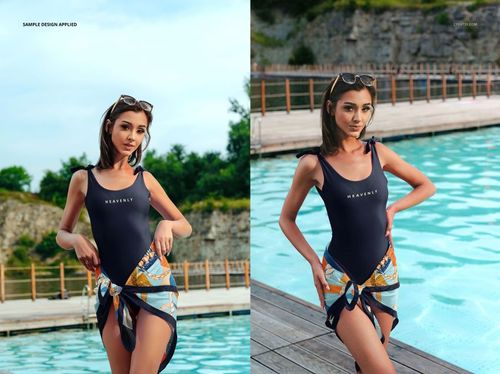 Silk sarong pareo mockup tied at the waist, model by a swimming pool with sunglasses and scenic background.